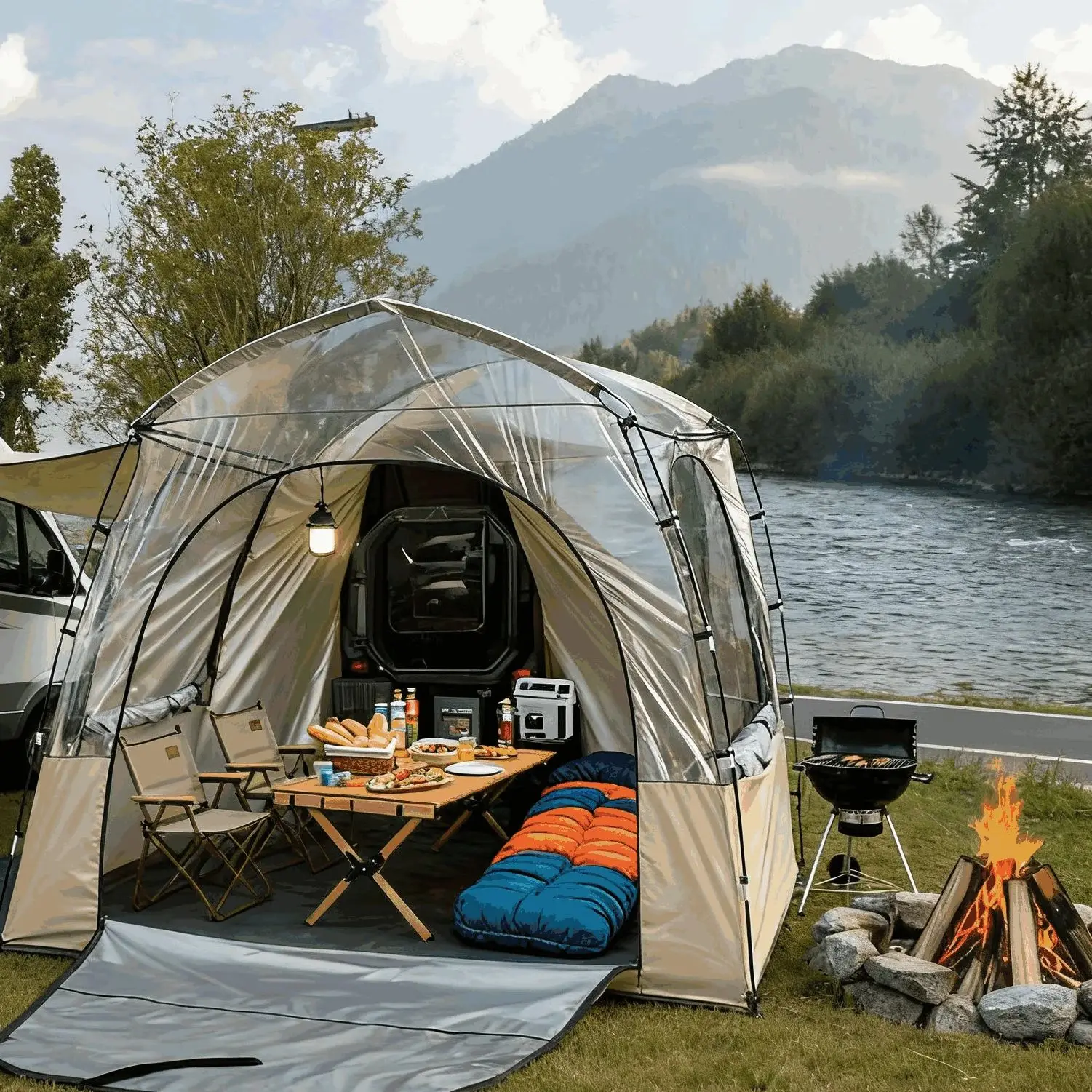 Vehicle-attached tent All Weather Camping Outdoor House Portable Greenhouse for Van 360 Degree View Clear Crystal Bubble Winter