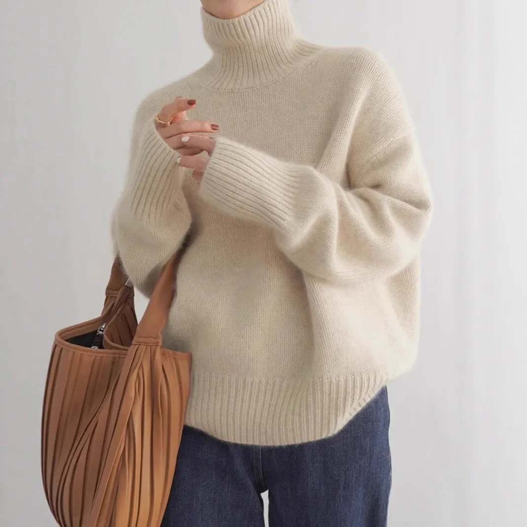 

Long Comfortable Casual Style Cotton Sweater Korean High Neck Knitted Sweater Women's Thickened Base Layer Top Princess Sleeve