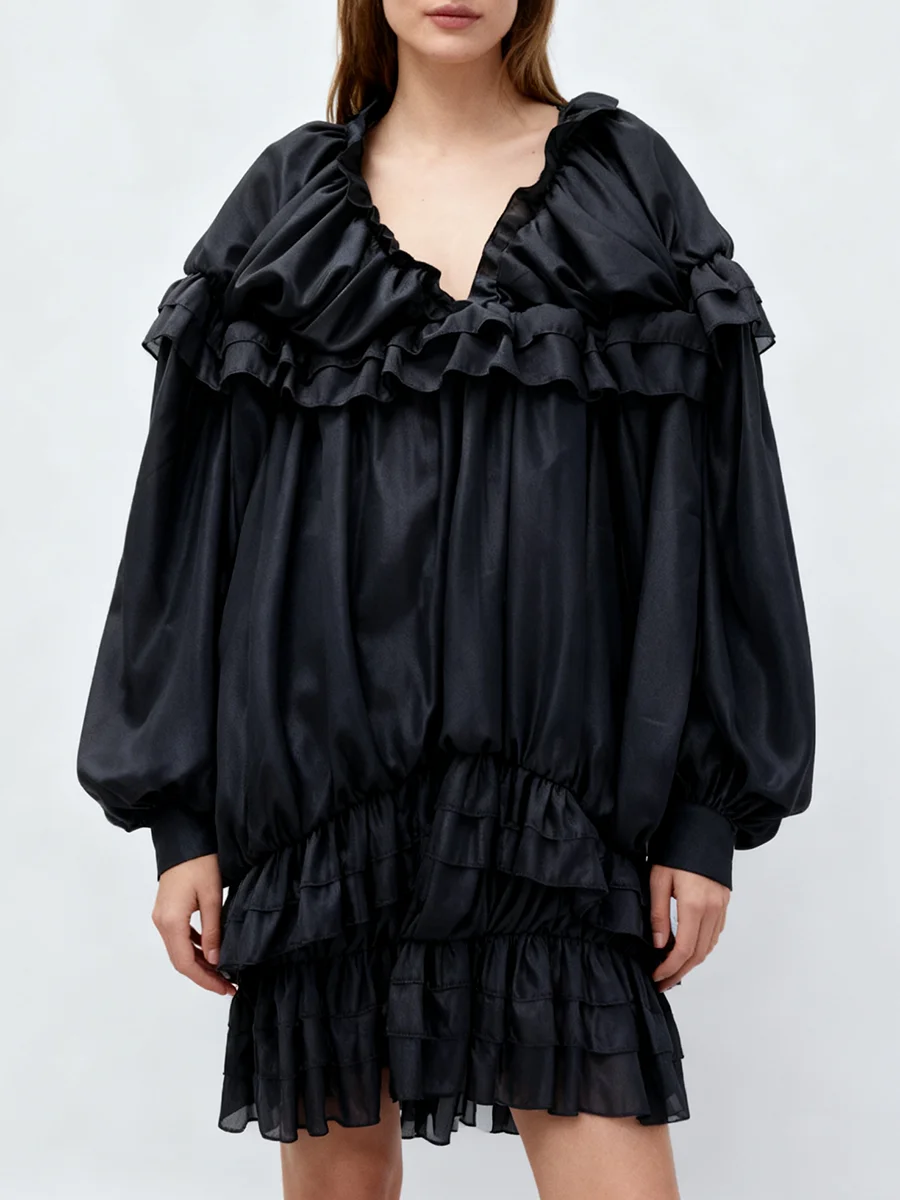 TWOTWINSTYLE الصلبة فضفاض تقسم الكشكشة طيات فساتين غير رسمية للنساء الخامس الرقبة طويلة الأكمام فساتين راقية الملابس النسائية جديد