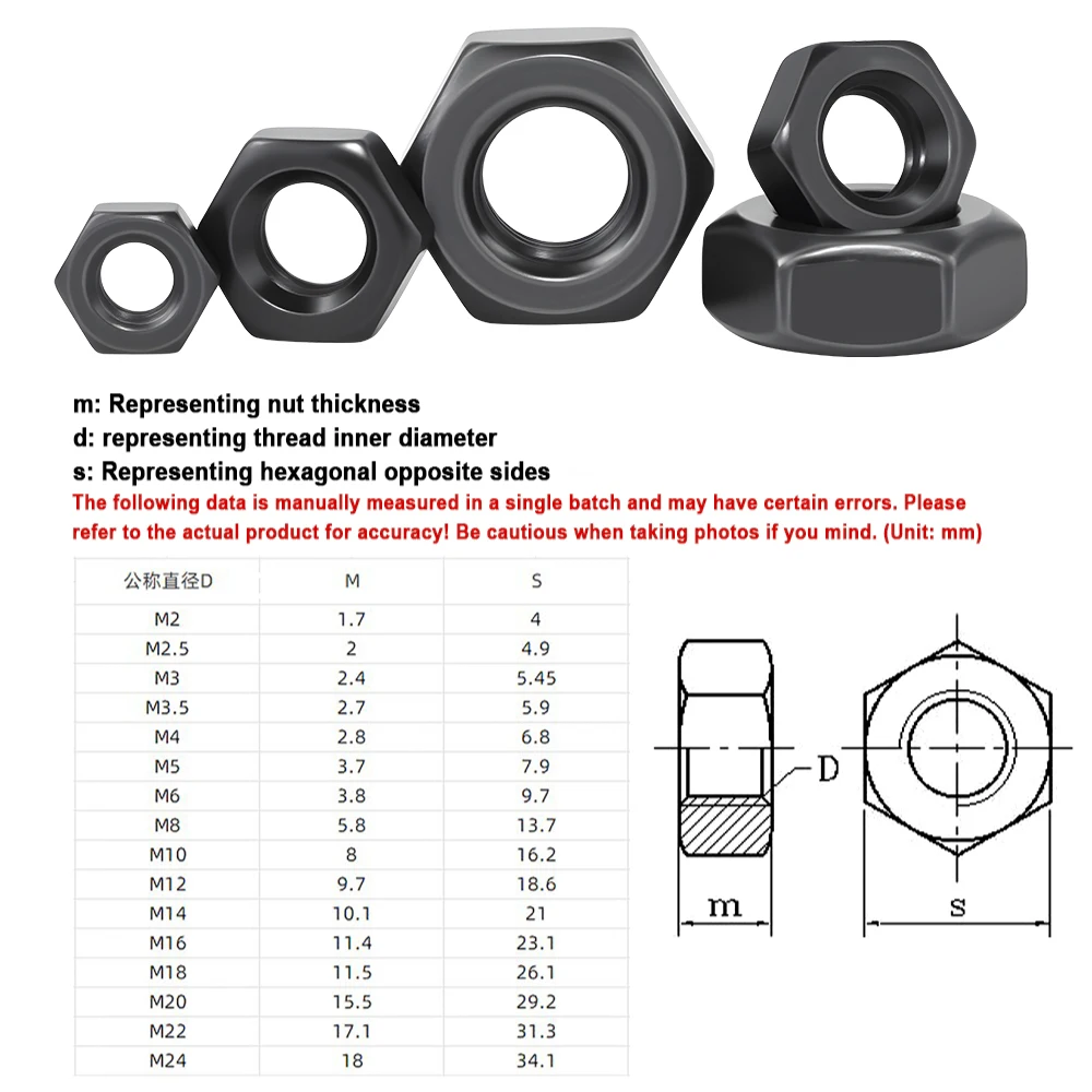 Carbon Steel Hex Nuts DIN934  Black Hexagon Nut Metric Thread Fasteners M1.4 M2 M2.5 M3 M3.5 M4 M5 M6 M8 M10 M12 10pcs-300pcs