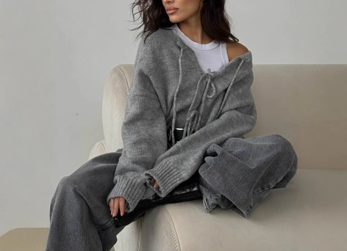 Sweater Wanita Warna Solid dengan Tali Ikat Pita, Gaya Santai, Cardigan Lengan Panjang untuk Musim Gugur dan Musim Dingin, Gaya Wanita