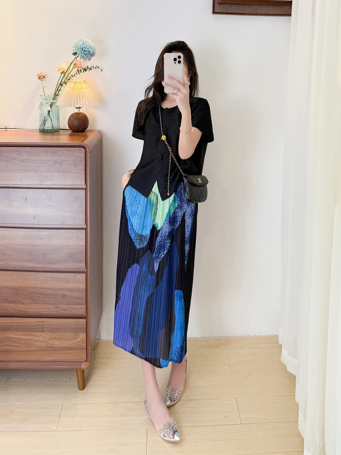 Three Houses Wind Women's High Waist Printed Pleated Skirt Summer Slimming Wrap Bodycon Long Skirt Polyester Fiber