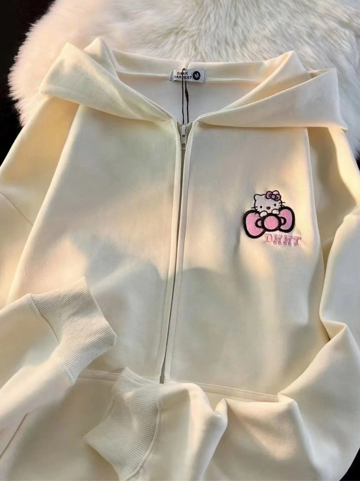 Americano vintage bonito kit bordado hoodie fce forrado zíper jaet feminino solto preguiçoso topo longo sve coreano sle