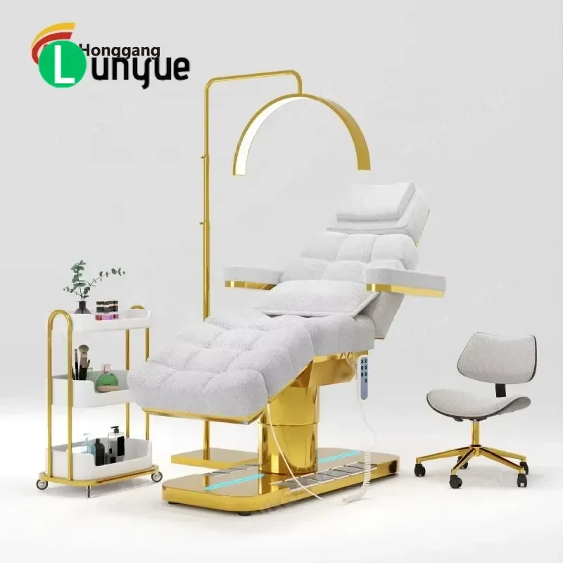 Luxury Electric Massage Bed for Beauty Facial Eyelash Extension Lighted Table and Chair Set Professional Spa Furniture