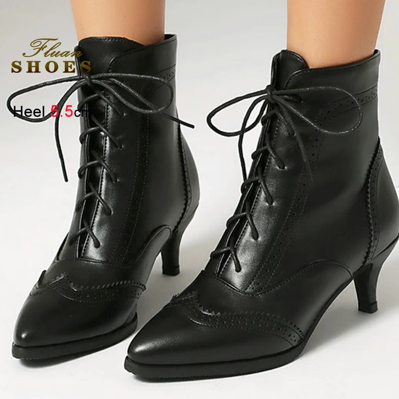 

Fashion Winter Black Women's Ankle Boots Pointed Toe Conical High Heels 5.5cm Lace-up Ladies Pumps Leisure Short Boots Size 43