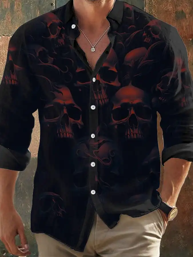 Caveira escura retrô masculina imprime camisa de manga comprida, estampas de caveira rosa, tops pretos, ajuste regular, gola lapela, mistura de poliéster, Halloween