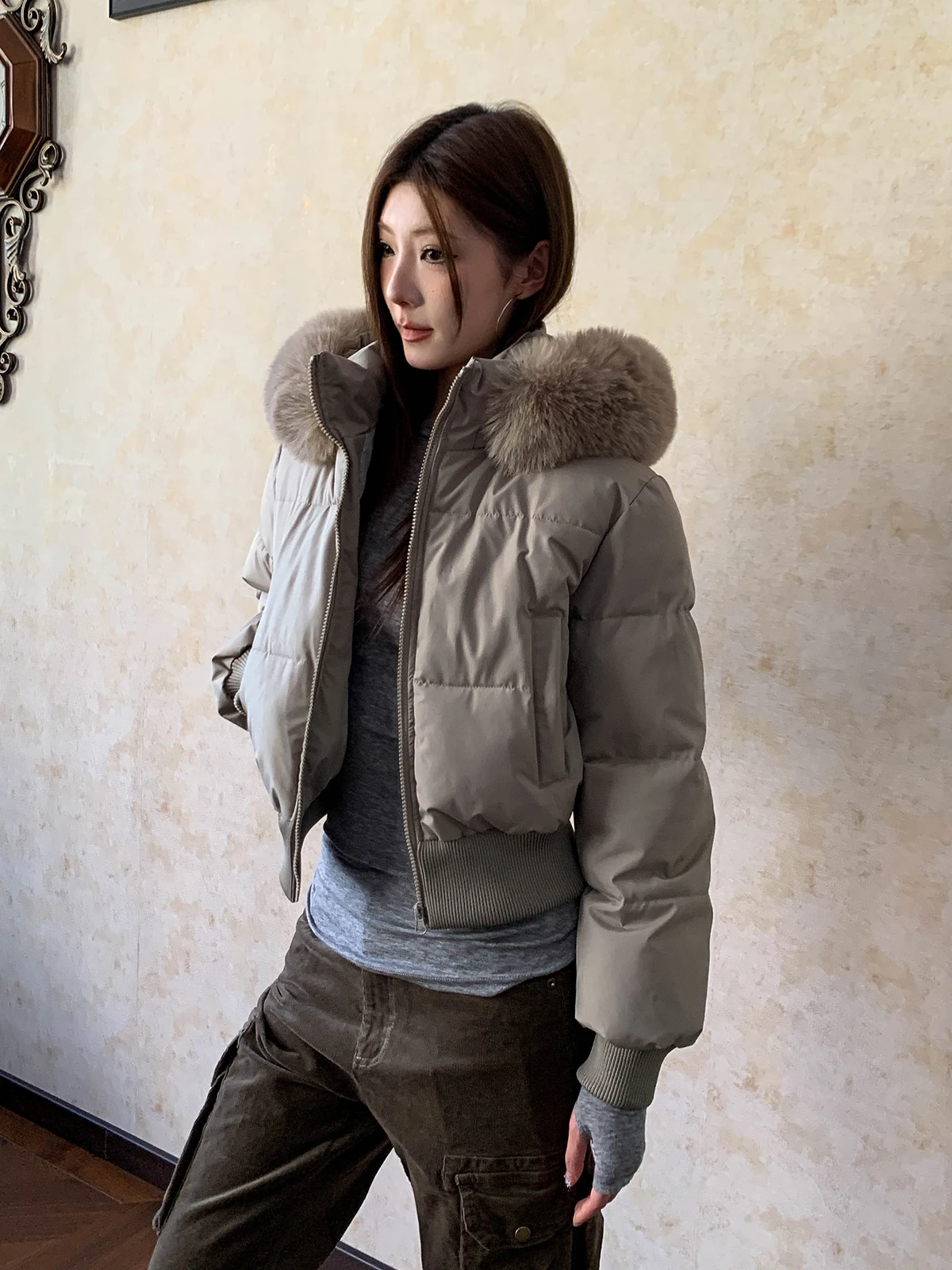 

Женское зимнее пальто Aket American Retro Thiened ort Cotton Jaet с большим меховым воротником, уличное облегающее пальто