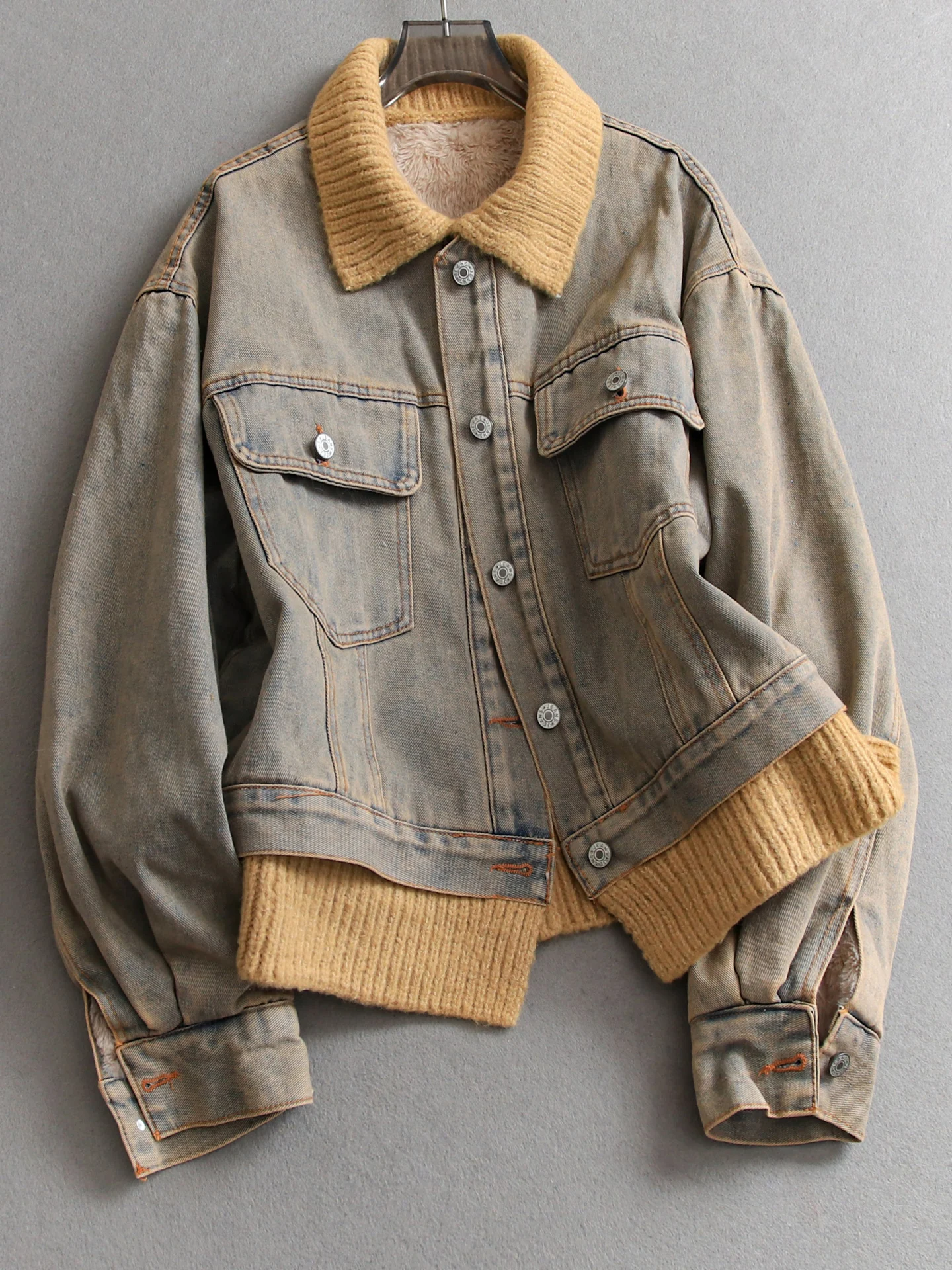 

Autumn Winter New Style Casual Outerwear Women's Fleece Lined Thickened Denim Jacket Collar Stand up Top Loose Fit Cotton Coat