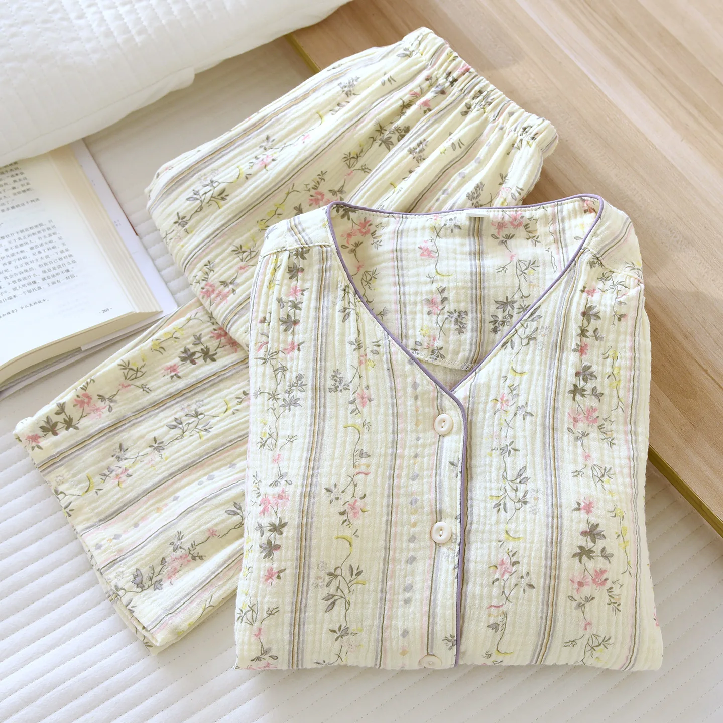 

Striped Floral Cotton Pajamas Suit For Women's Pijama Autumn Long Sleeved Pants Two Piece Set Room Wear Ladies Pyjama