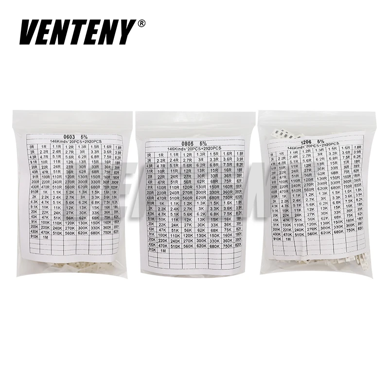 2920pcs 146ValuesX20pcs 0603 0805 1206 5% SMD Chip Resistor KIT 0R - 1M ohm Resistance Samples Set