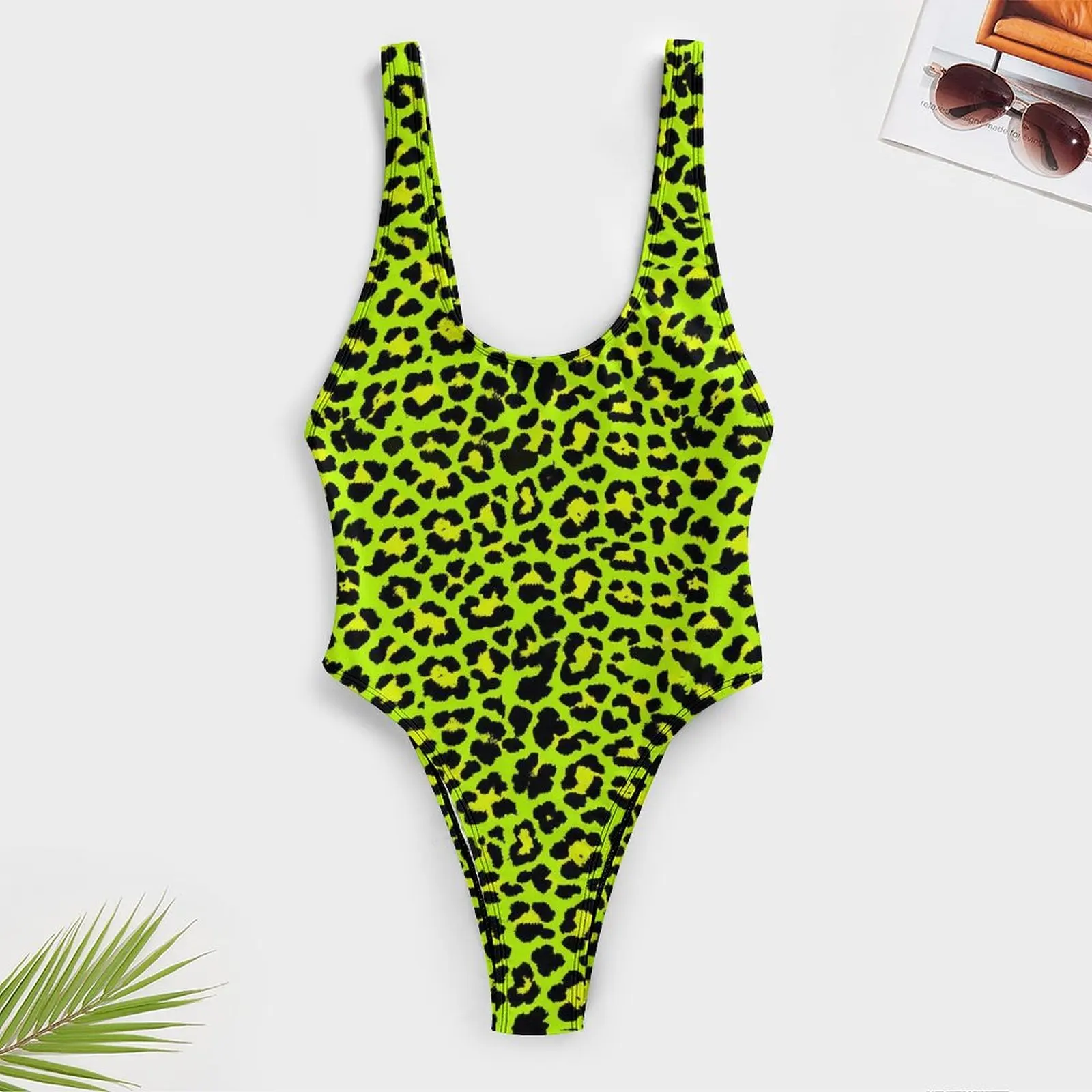 Punk Rock Leopard Swimsuit Sexy Lime Green Black One Piece Swimwear Push Up Bodysuit Classic Surf Monokini