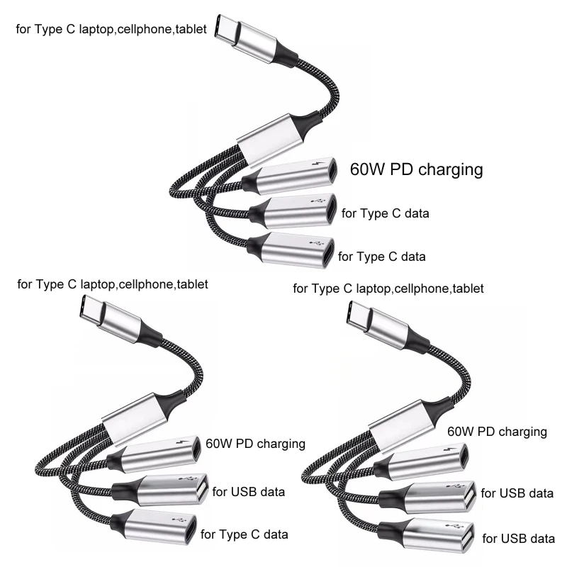 3 em 1 Tipo C USB 2.0 Adaptador Splitter Com 60W Power Delivery OTG Port Fast Data Transfer & Charging For Phones Tablets