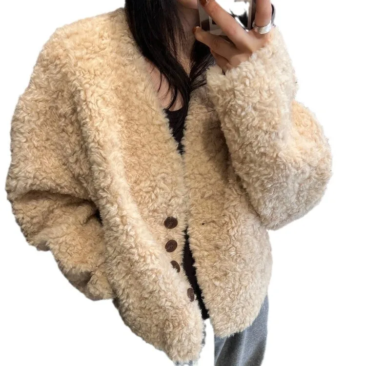 Women Thick Faux Fur Jacket Short Coat Single Breasted Long Sleeve Jackets V Neck Warm Casual Regular Furry Coats Winter