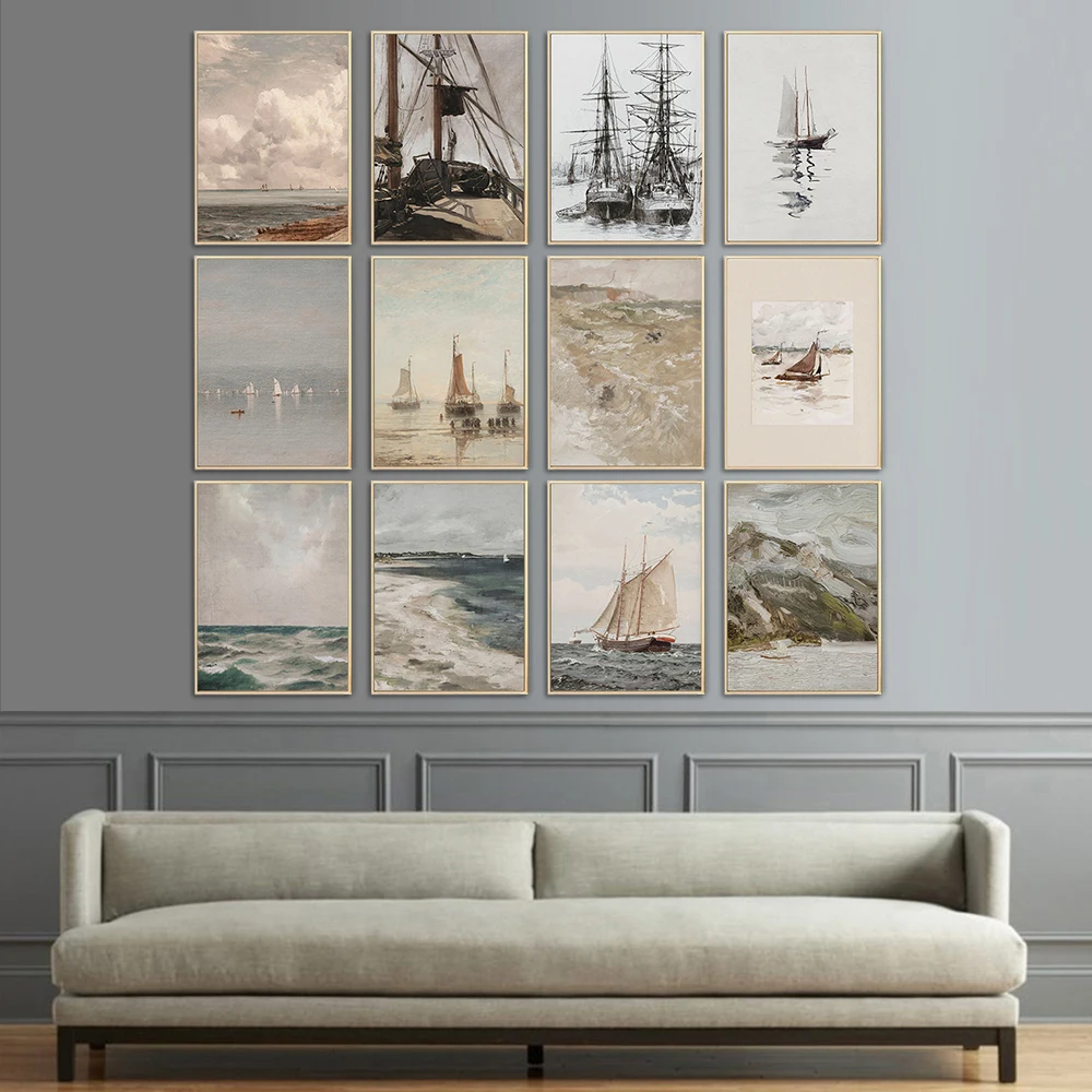 Vintage Sailboat Print Lake House Decor Muted Neutral Coastal Abstract Sailboat Digital Print Painting Nursery Sketch Wall Art