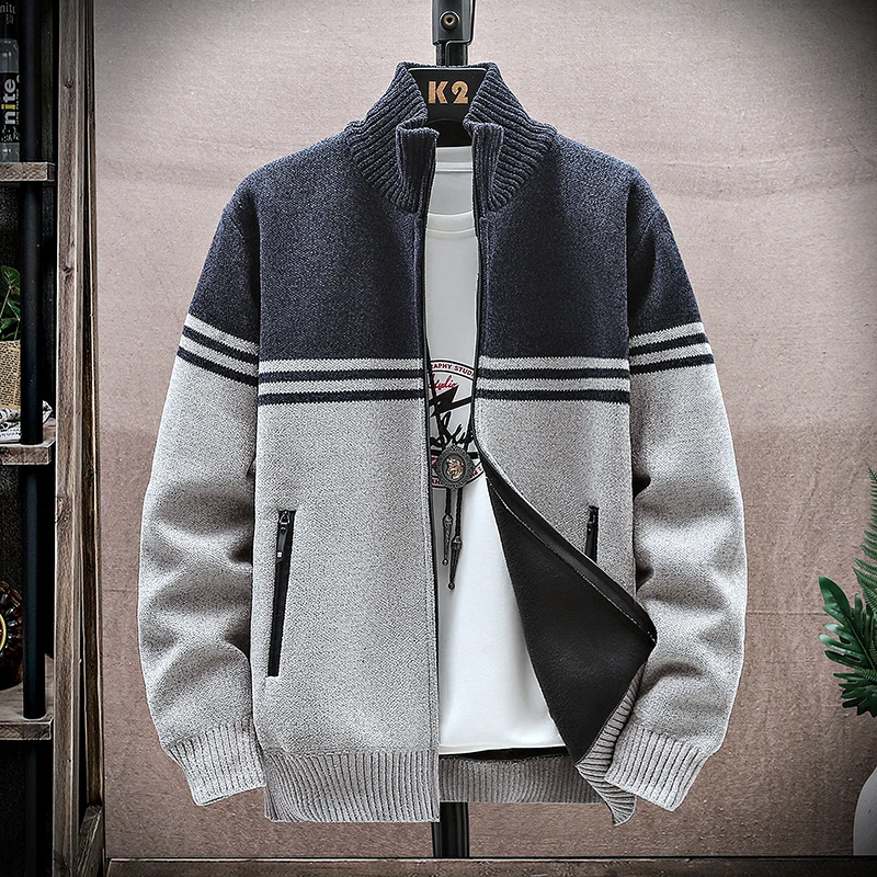 Men Knit Cardigan SweaterCoat 2024 Autumn Winter Velvet Keep Warm Thicken Contrast Striped High Collar Sweater Jackets Outerwear