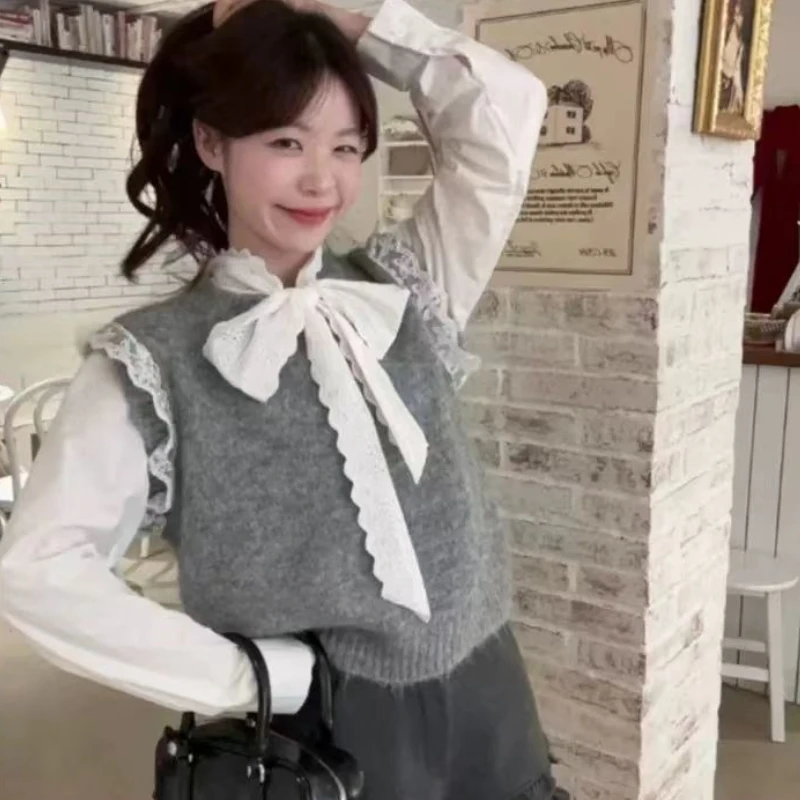 Retro Kant Splice Mouwloze Gebreide Tank Top Vrouwen Losse Luie Mode Gebreide Trui Ronde Hals Koreaanse Stijl Vest Lente 2025