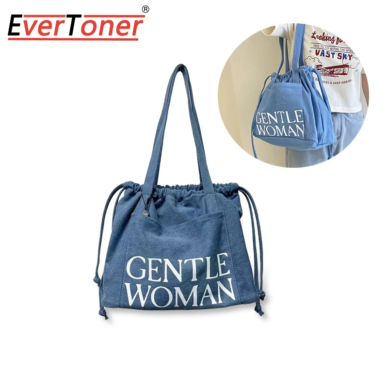 EverToner Square Denim Tote Bag Letter Decorate Drawstring Design Women's Fashion Shoulder Purse Large Capacity Shopping Handbag