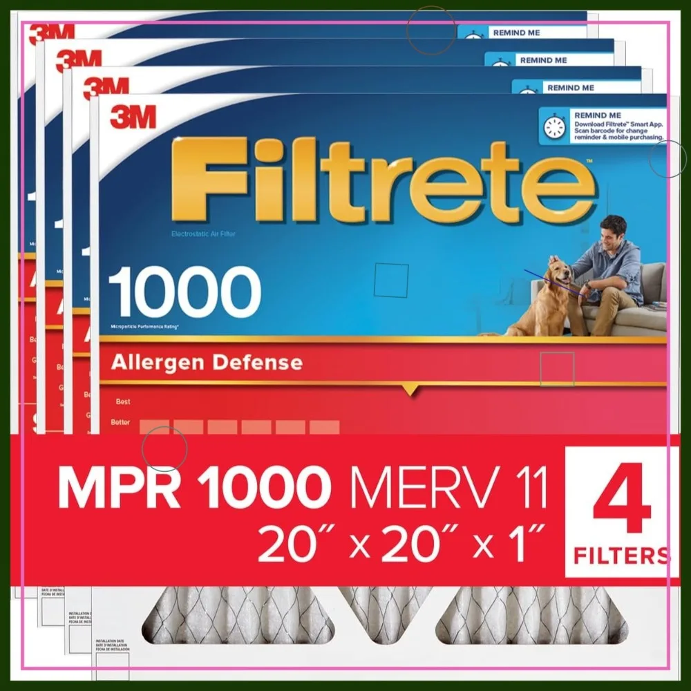 

20x20x1 MERV 11 AC Furnace Air Filter, MPR 1000, 4-Pack, Pleated Electrostatic, 3-Month, Actual Size 19.69x19.69x0.81 in