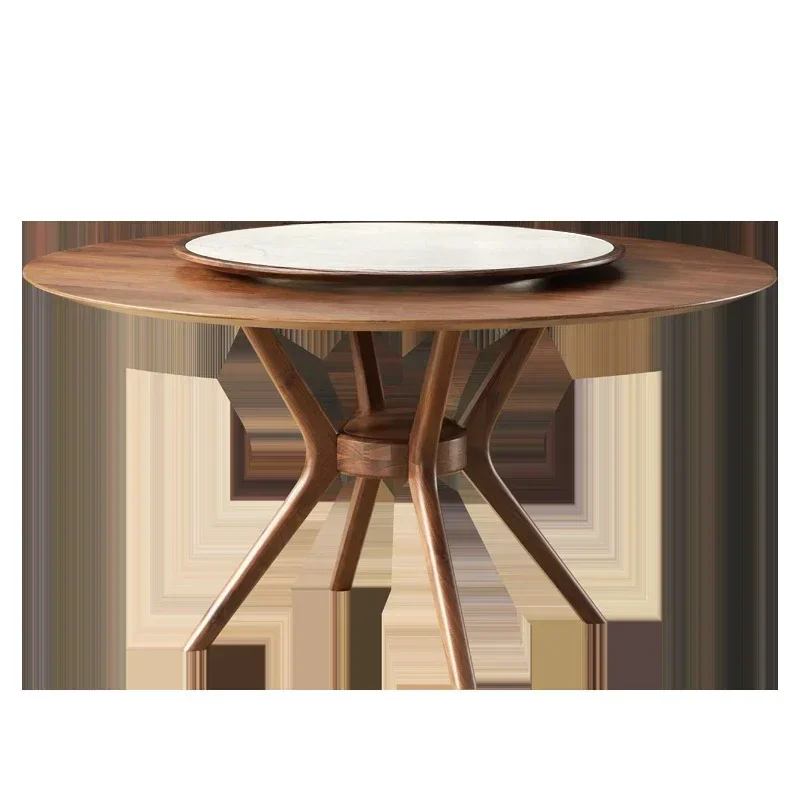 

North America Black Walnut round Table New Stone Plate Turntable Solid Wood Dining Table