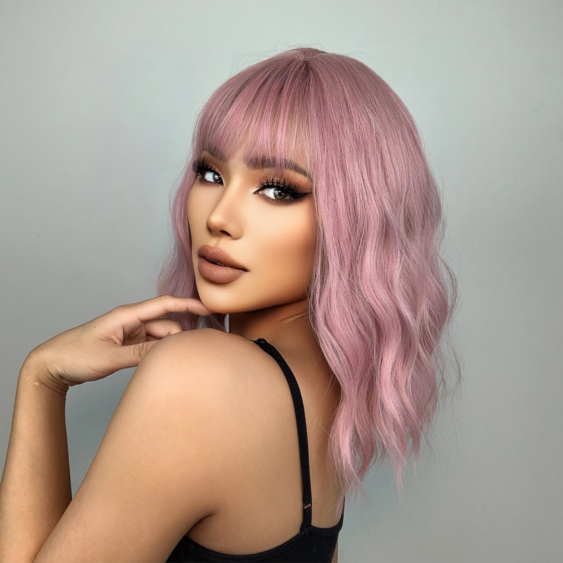 Pink Short Bob Cosplay Lolita Synthetic Wigs Water Wavy Hair Wig with Bangs for Women Natural Heat Resistant Halloween Party Use