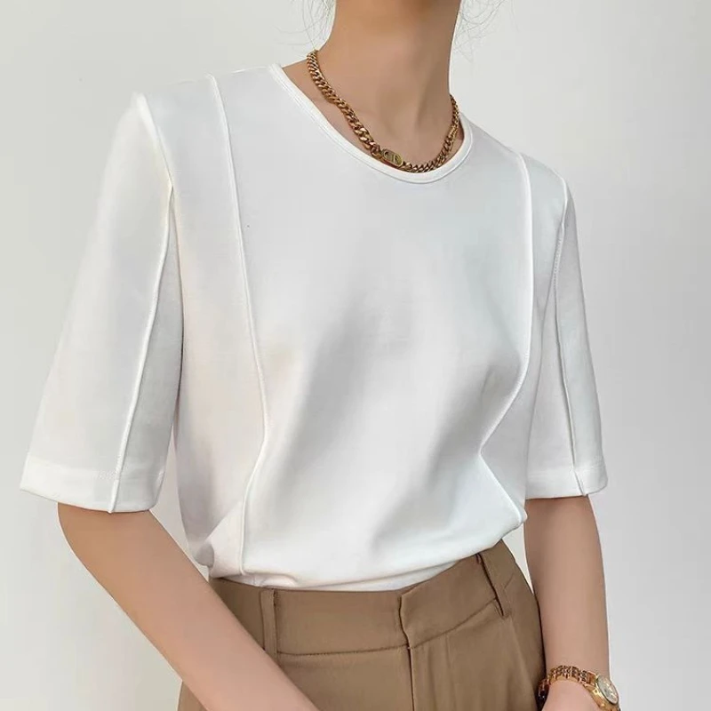 

Women's Minimalist Half Sleeve T-Shirt – Classic Crew Neck Solid Color Top for Office & Daily Wear