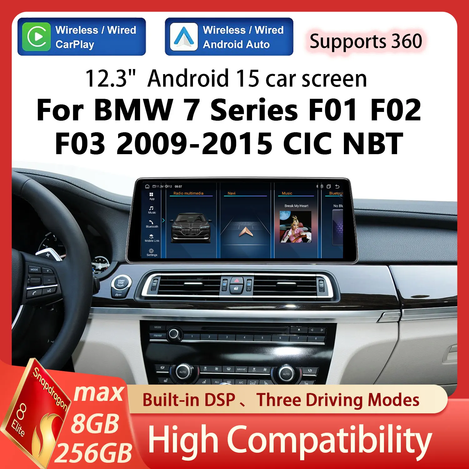 Reproductor Multimedia para Auto con Pantalla de 12.3 Pulgadas, 8 Núcleos, R-LHD, para BMW Serie 7 F01 F02 F03 2009-2015, CIC NBT, Carplay Inalámbrico, Android Auto, Radio
