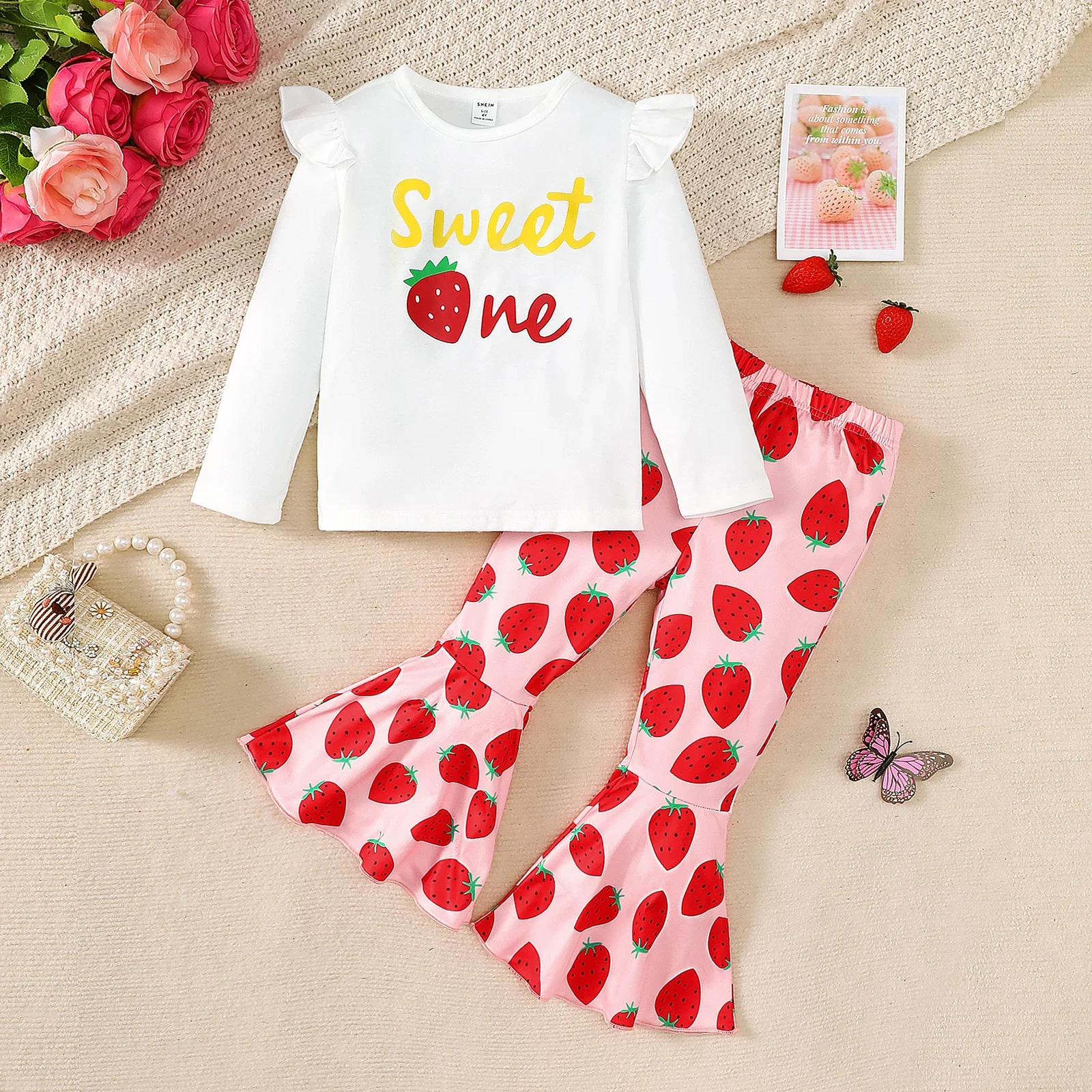 Kid Girl Strawberry Printing Long Sleeved Set T-shirt+Flare Pants+Headband 3PCS Spring&Autumn Fashion Suit for Children 2-7Years