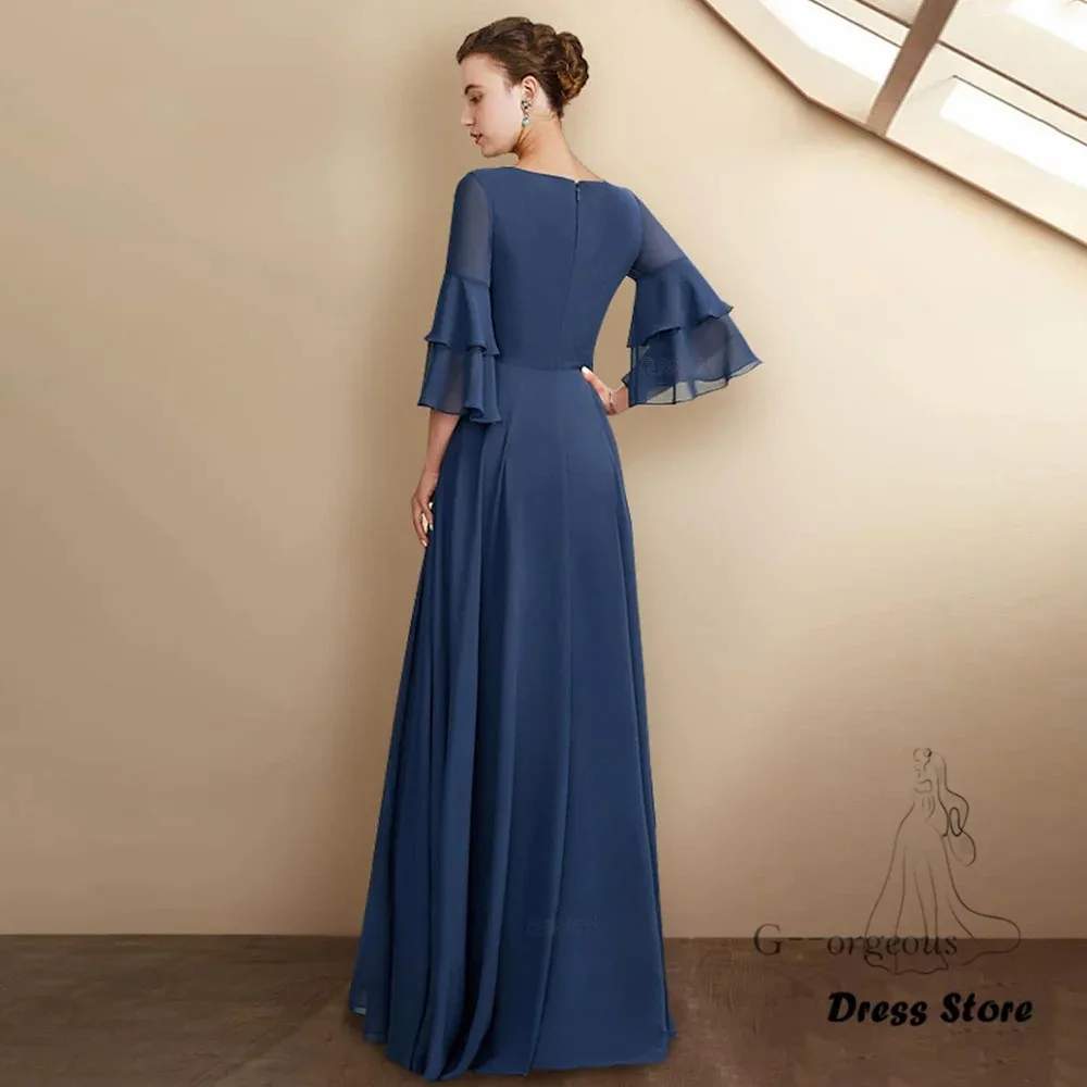 Blue Mother of the Bride Dresses 2024 Simple V-Neck Chiffon Wedding Guest Gown A-Line Long Elegant Dress Women For Wedding Party