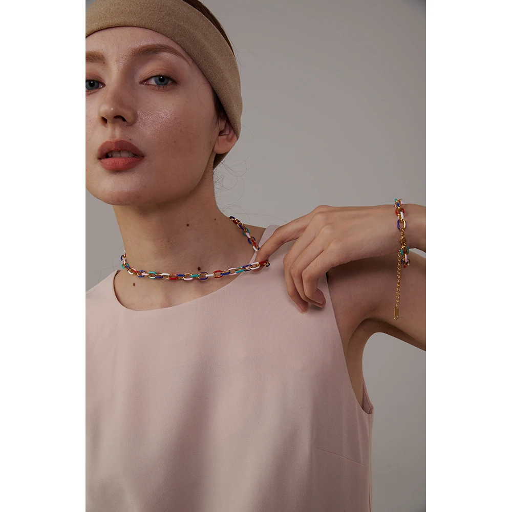 Yhpup Rainbow Enamel Chain Necklace Bracelet Set 316L Stainless Steel 18 K PVD Plated Set Waterproof Jewelry Y2K Party Gift