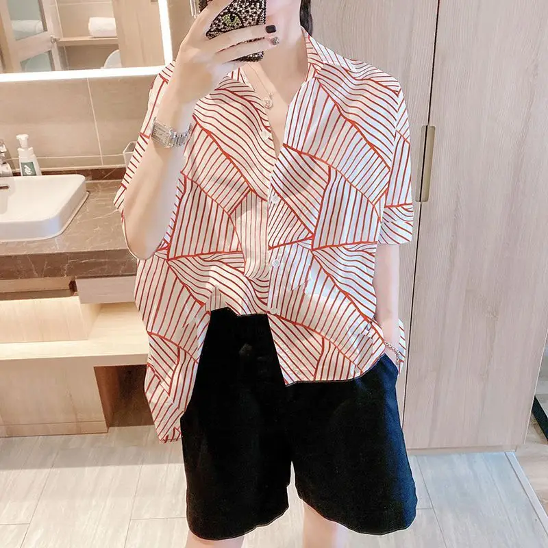 Korean Casual Striped Spliced Commute Blouse Female Clothing Single-breasted Fashion Polo-Neck Summer Half Sleeve Loose Shirt