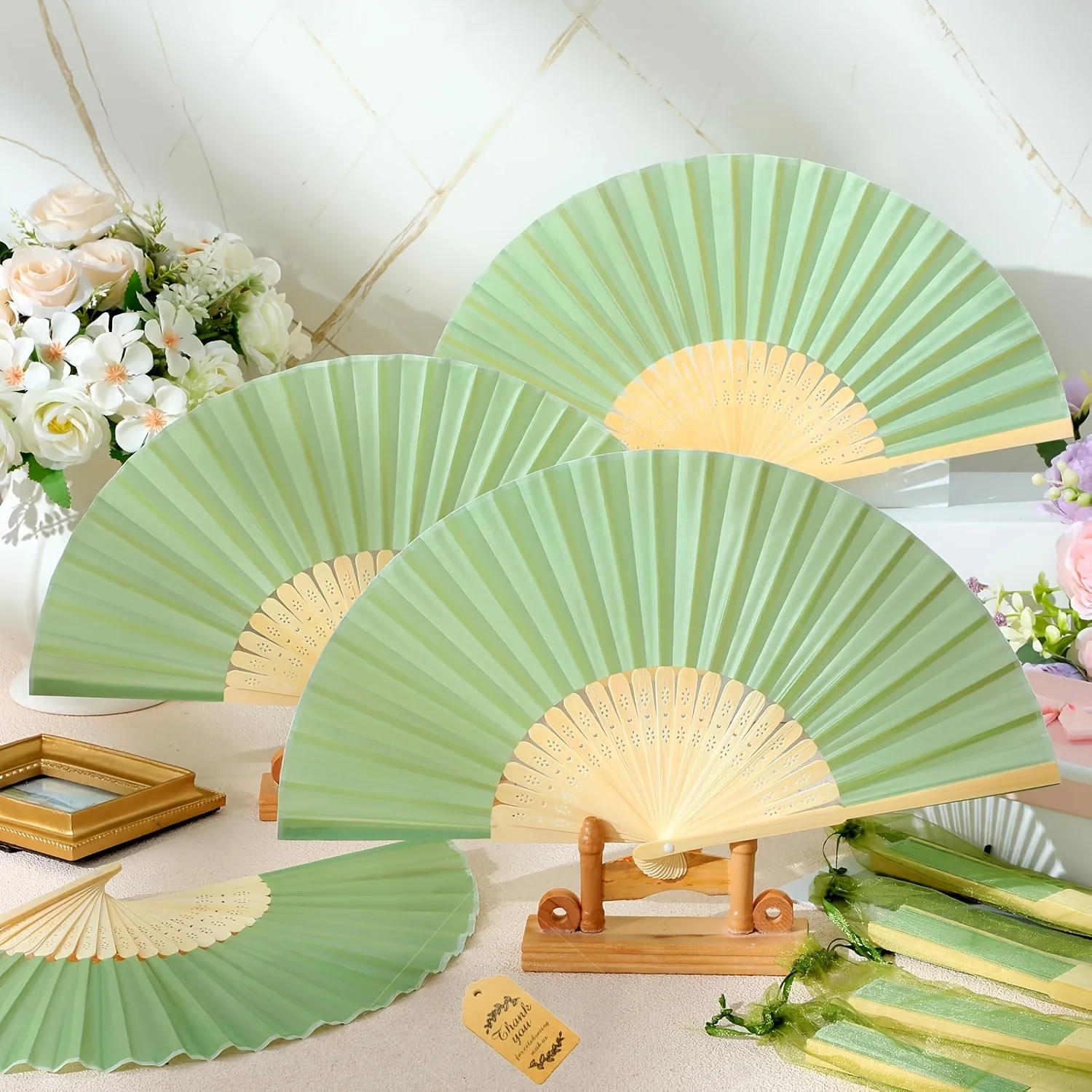 10pcs Fabric Handheld Folding Fans. Green Wedding Hand Fans, Party Favors, Foldable Makeup Fans, DIY Bamboo Fans For Bridal