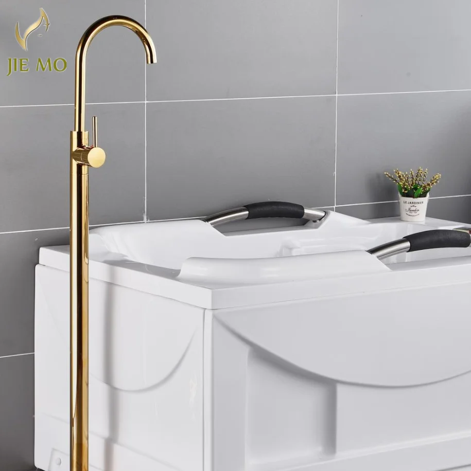 

Bathtub Faucet Brass Gold Floor Mount Bathroom Faucet Swivel Spout Single Handle Tub Filler Hand Shower Sprayer Mixer Tap