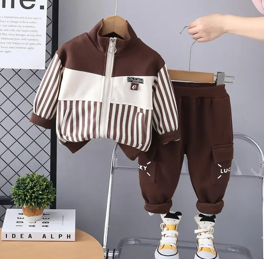 Kids Boys Tracksuits Sets Spring Autunmn Baby Clothes Patchwork Stripe Casual Zipper Jackets And Pants Children Clothing Suits