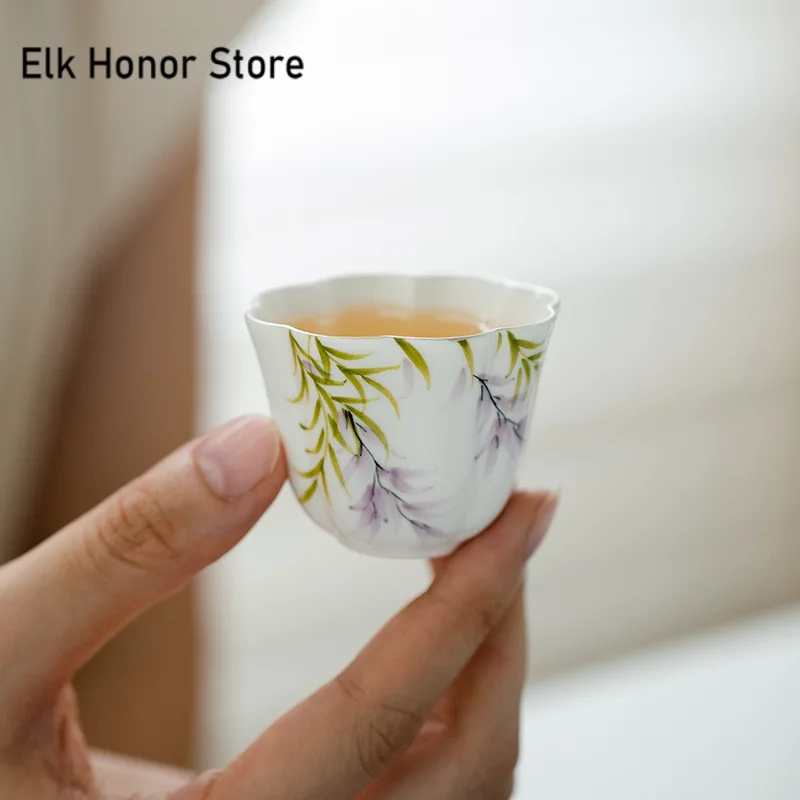 2pc/set Pure Hand-painted Wisteria Flower Teacup Creative Drawing Silver Fragrance Cup Petal Master Mug Teaset Ornaments 38ml