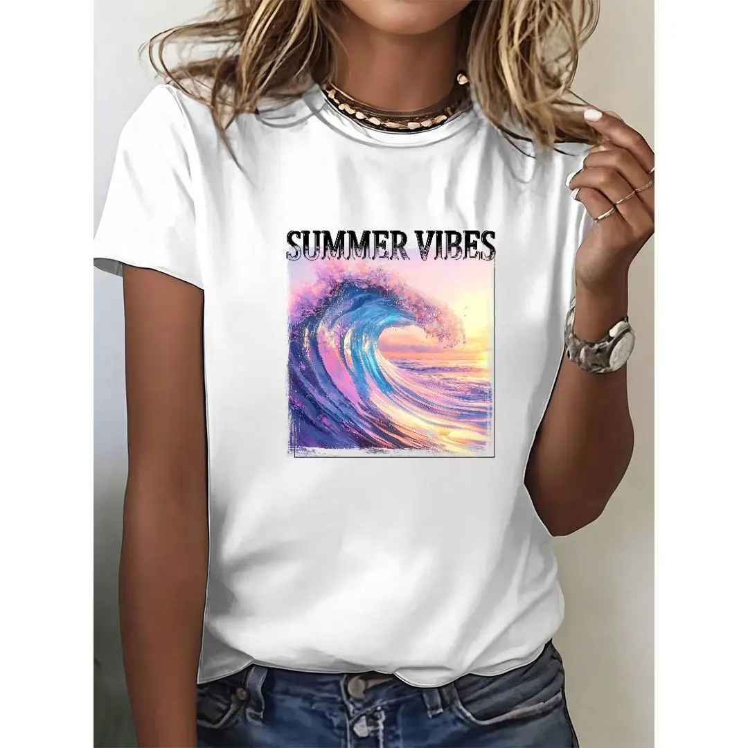 

Women's "Summer Vibes" Wave Print T-shirt Short Sleeve Loose Casual Ocean Beach Top Artistic Sunset Graphic Summer Fashion