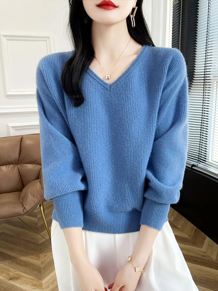 

ANGEL Women's Cashmere Sweater V-neck Pullovers Autumn Winter 100% Merino Wool Knitwear Solid Long Sleeve 2024 New Clothes Tops