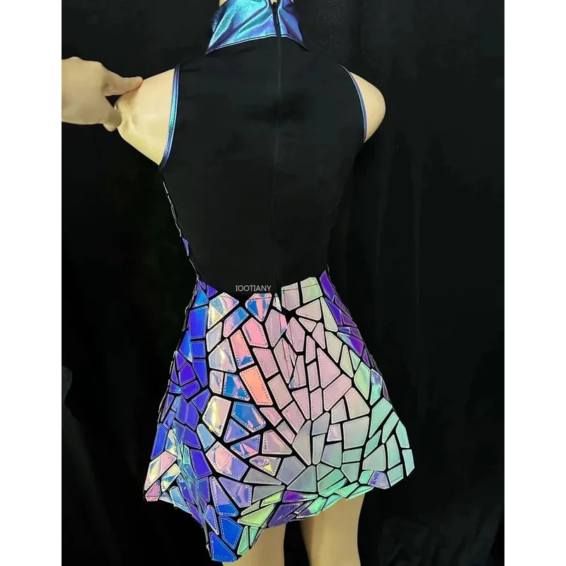 

qa156Silver Mirror Nightclub Dress Women Evening Birthday Outfit Sleeveless Shiny Laser PU Bar Dj Gogo Dancer Singer Stage Costu