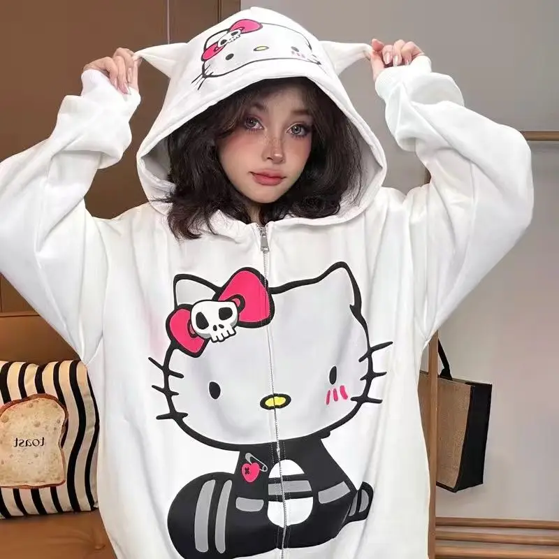 Sanrio Hello Kitty Zip Up Hoodie Streetwear Women Kawaii Girls Coat 2024 Spring New Oversized Couple Loose Top Y2k Clothes 2000s