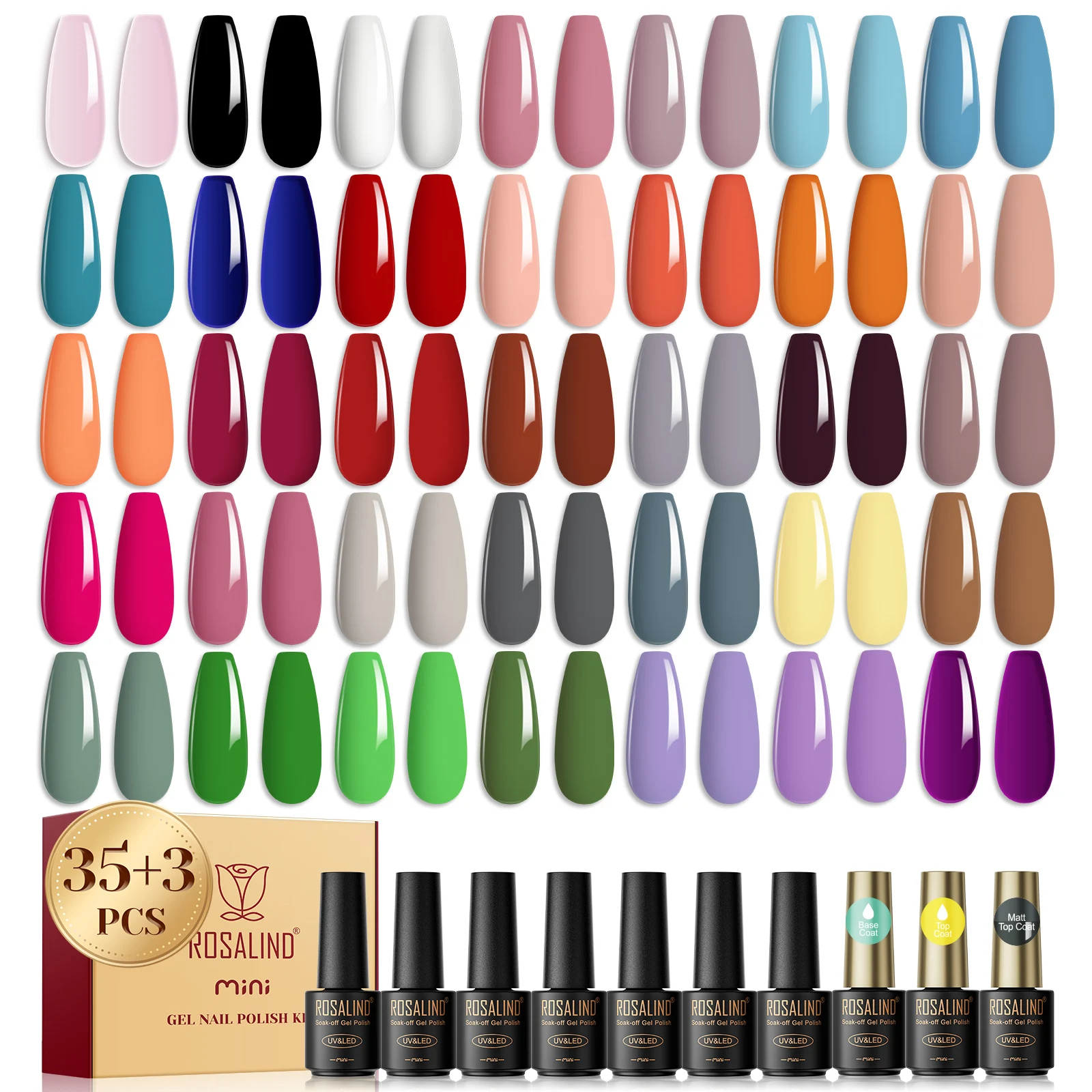 ROSALIND 38PCS Gel Nail Polish Set, 35 Colors Gel Polish Set with Base Coat and Glossy & Matte Gel Top Coat Gel Nail Polish Star