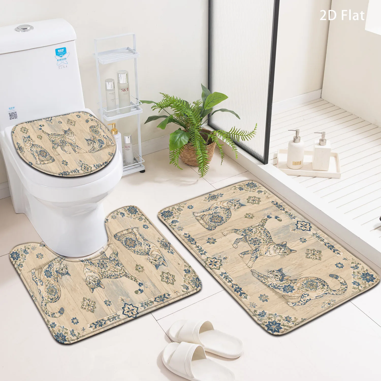 Cute Cat Print Bathroom Rug Set 3 Piece Bath Mat Vanity Rug for Bathroom Decor Home Gift