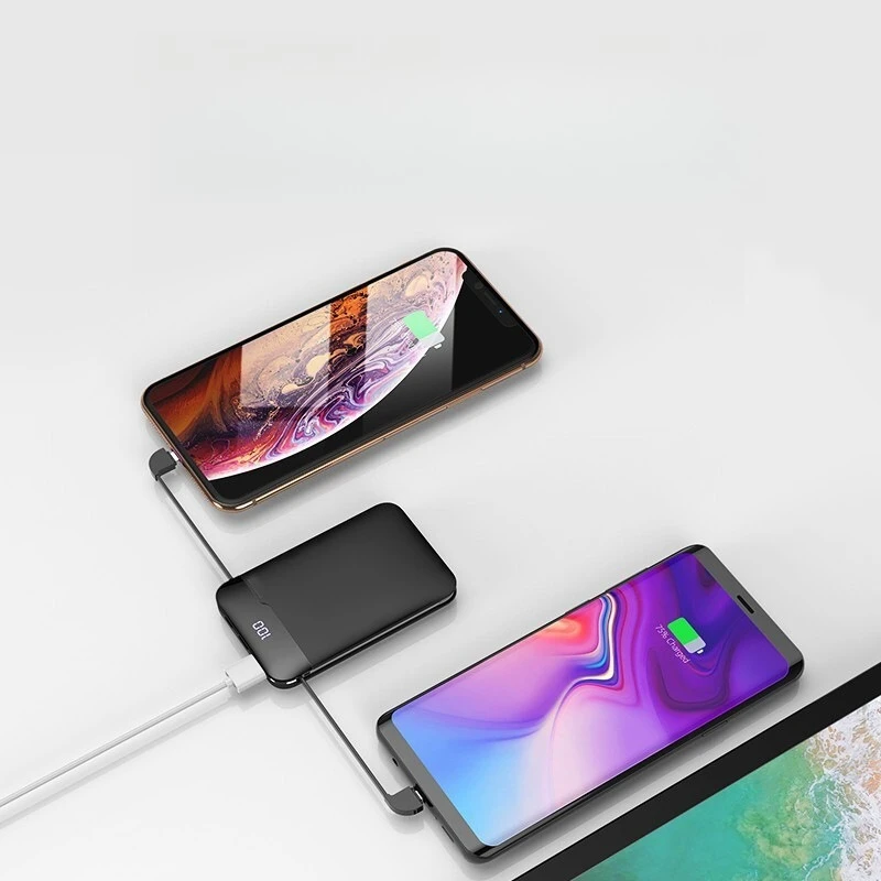 10000mAh Ultra-thin Mini Fast Charging Power Bank with Built-in Cable