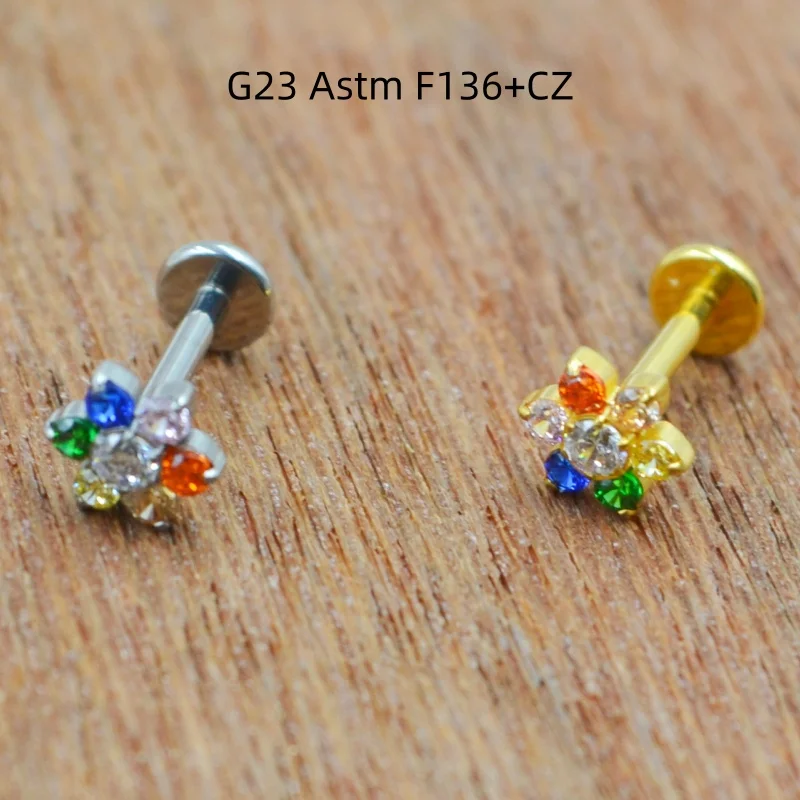 Lot10pcs G23 Titanium ASTM F136 6 CZ Gem Flowers Lip Labret Bar Ear Helix Tragus Rook Barbells Stud Piercing Jewelry Shine New
