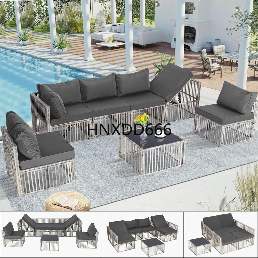 7 Pieces, Wicker Outdoor Sectional Conversation Couch with Adjustable Backrest Sofa, Garden Furniture Sets