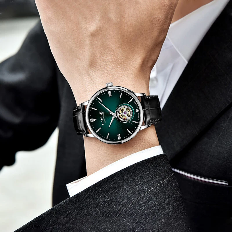 Mige brand green dial hot sale business steel Hollow mechanical watch men movement waterproof luxury fashion automatic watches