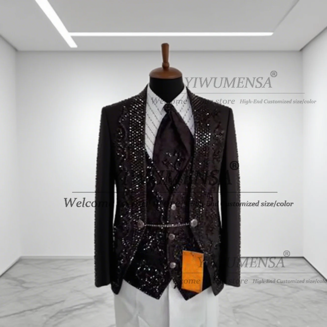 

Luxury Beaded Stones Suits Men For Wedding Italian Design Customized 3 Pieces Sets Single Breasted Groom Tuxedos Costume Homme