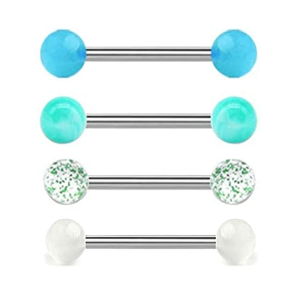 WKOUD 4 PCS/1 PCS Stainless Steel 14G Tongue Rings Barbell Glow Tongue Barbell Jewelry For Women Piercing Tongue Piercing Green