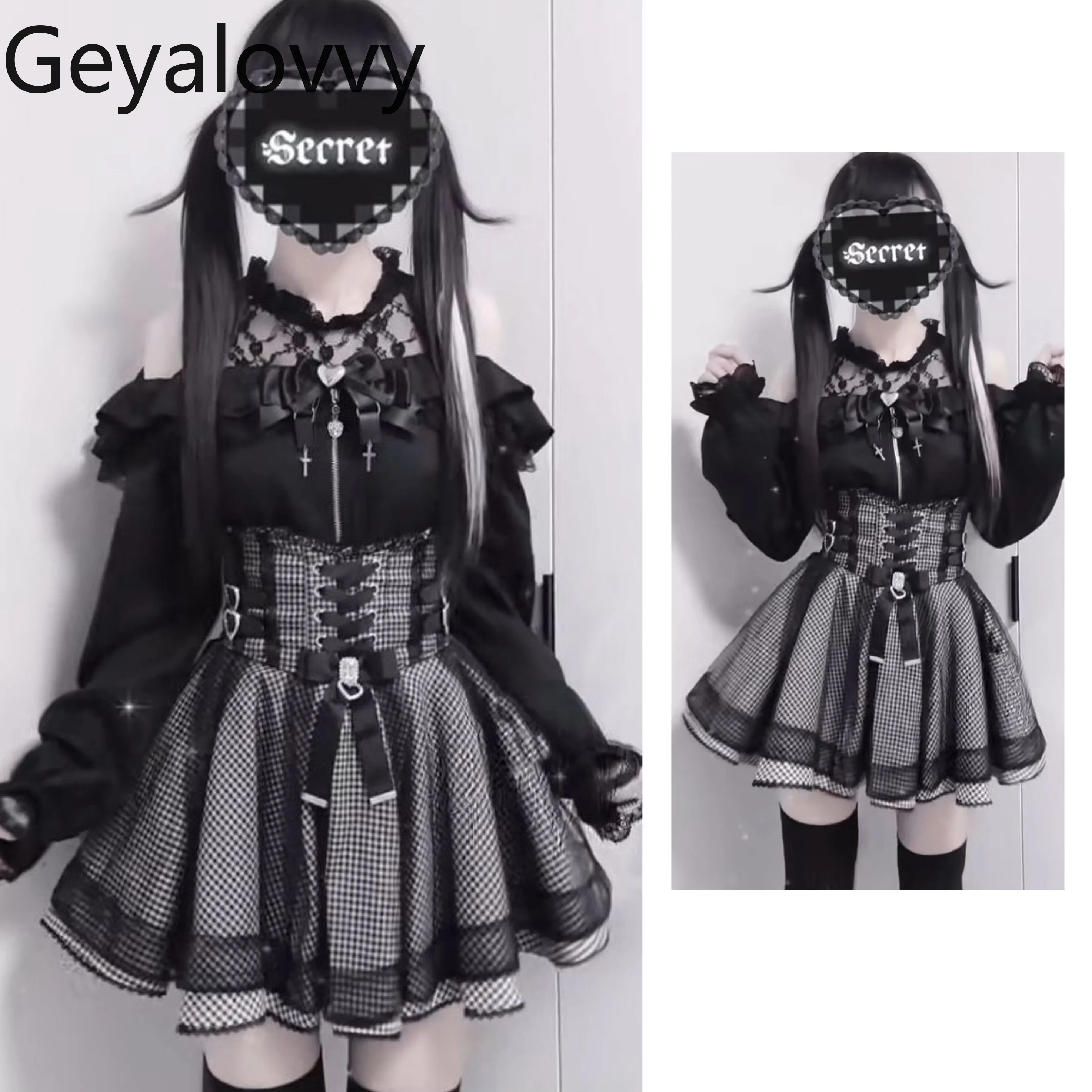 Sweet Girl Black Off-Shoulder Lace Shirt Versatile Long Sleeve Top and High-Waisted Plaid Short Puff Skirt Two-Piece Set