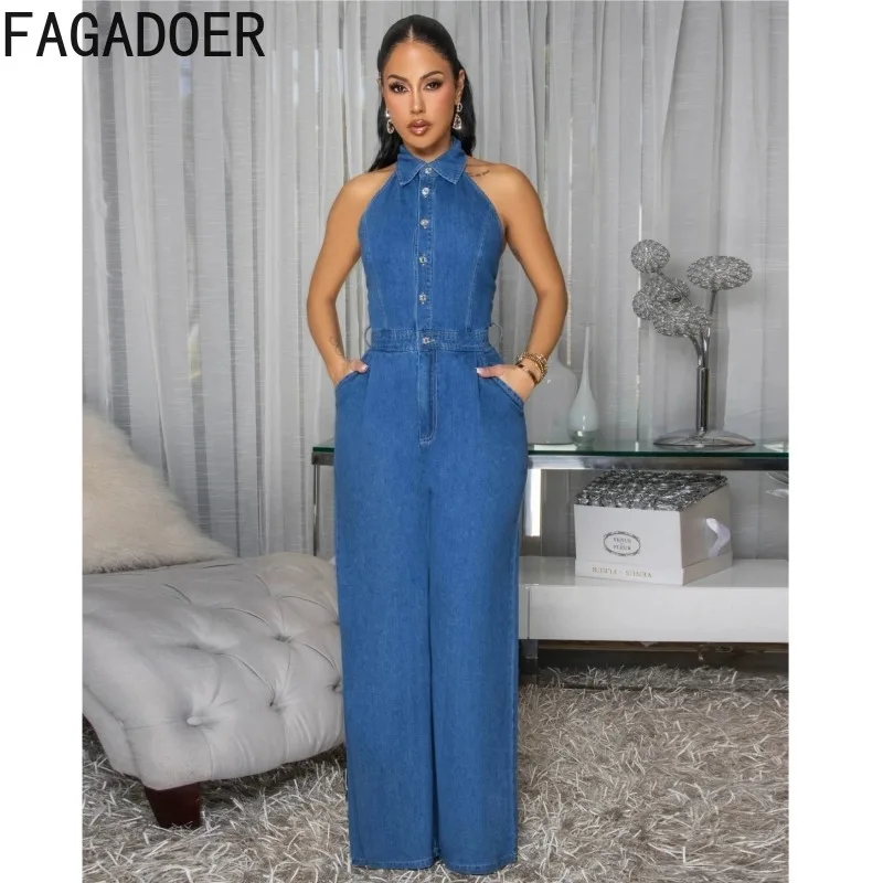 FAGADOER 레트로 패션 Bodycon 데님 점프 슈트 여성 솔리드 컬러 홀터 백 레스 스트레이트 Rompers 여성 streetwear 오버올