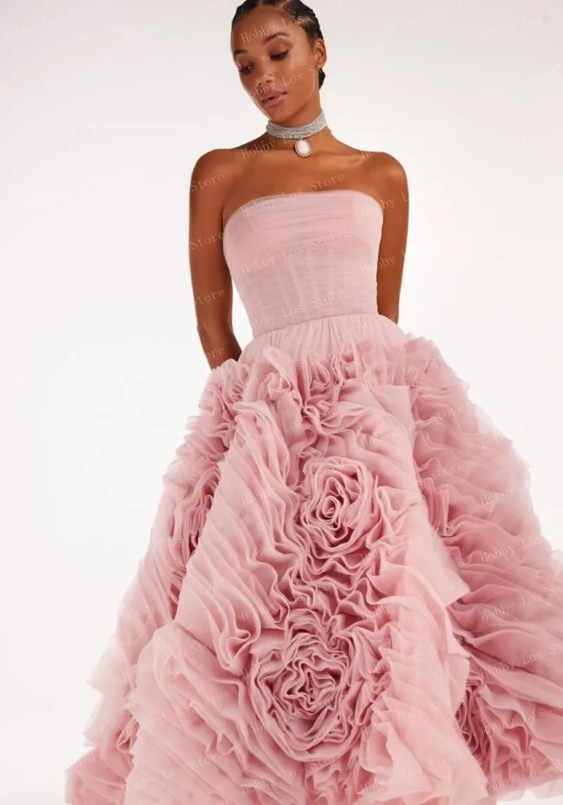 ملابس نسائية أنيقة باللون الوردي الفاتح بطول متوسط الطول بدون حمالات من التول مصنوعة حسب الطلب فستان زهري من أي وقت مضى جميل مفتوح من الخلف Pr #2