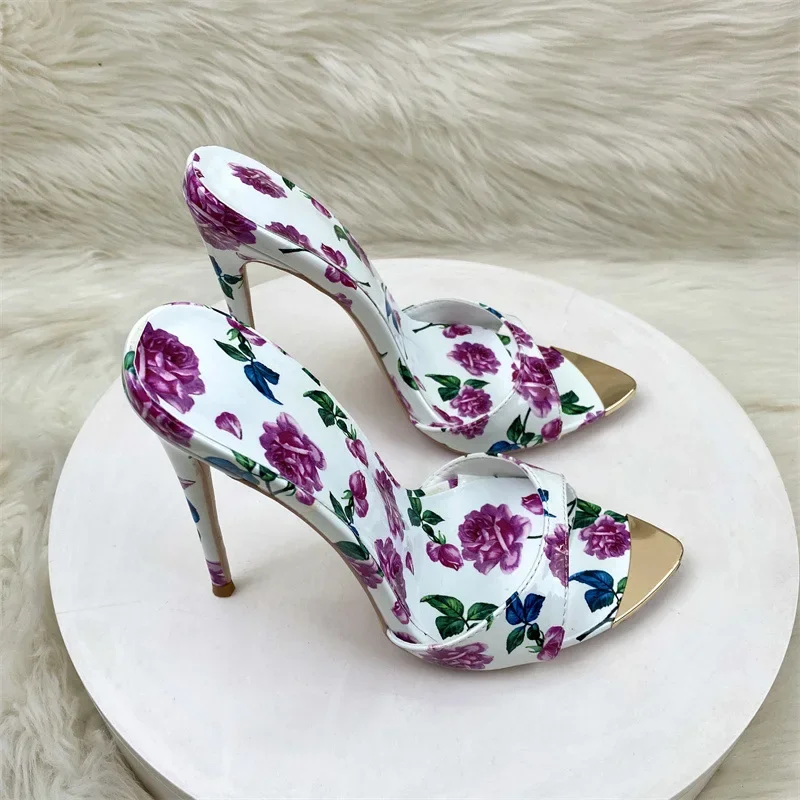 Sexy Fashionable Printed Slippers Shoes for Women's Sandals Summer Sexy Slippers Pointe Toe Thin Heels Stiletto Sandals 12cm